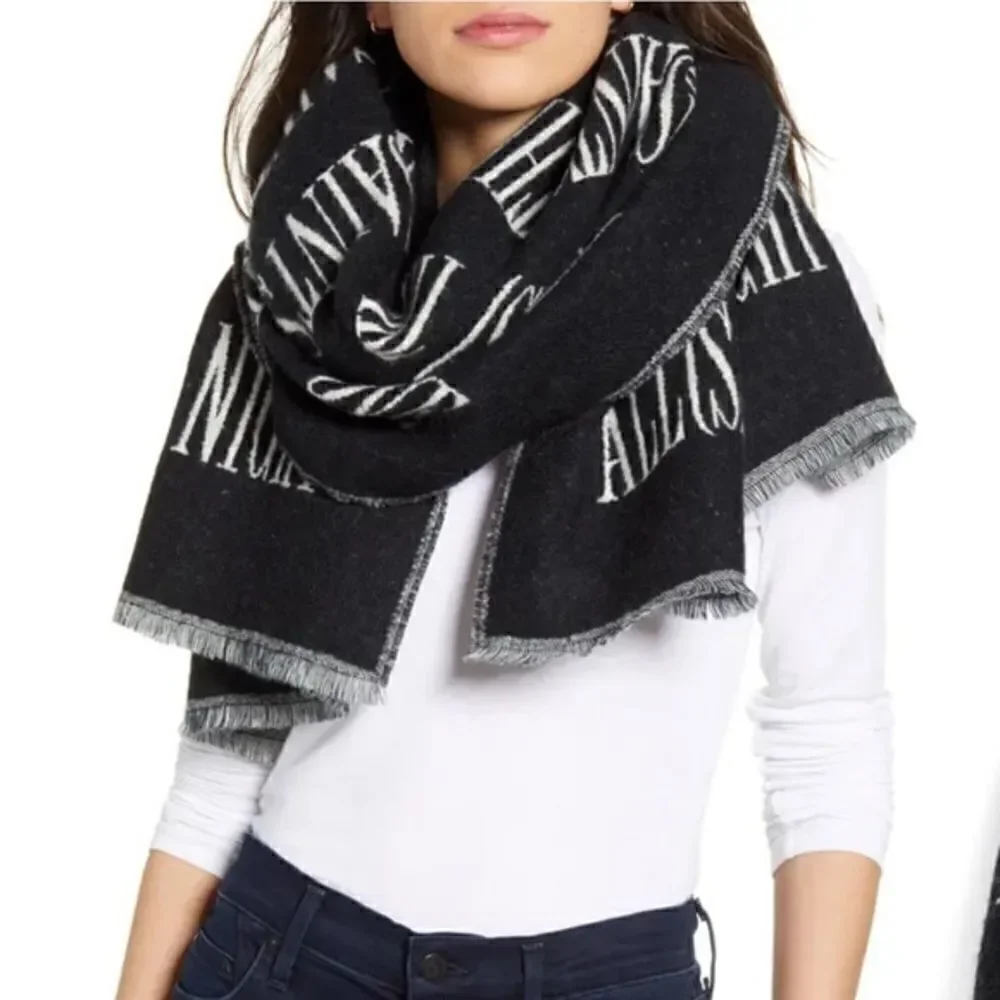 All Saints Varsity Wool Blend Woven Scarf Black